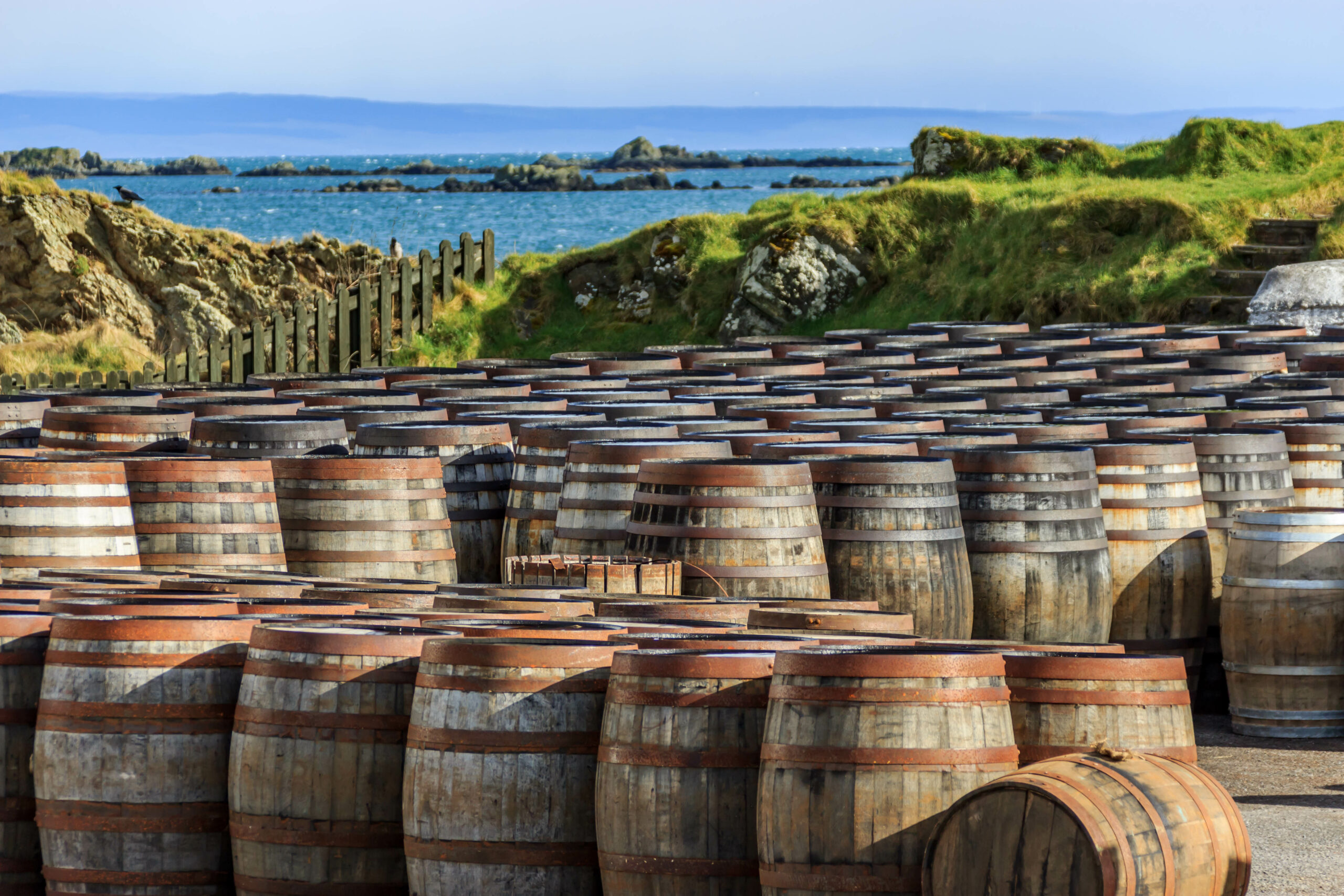 Scotch whisky barrels lined up by the seaside on the Island of I